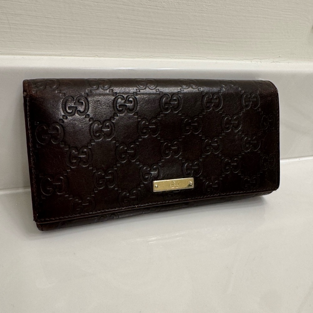 Gucci Dark Brown Embossed Leather Clutch